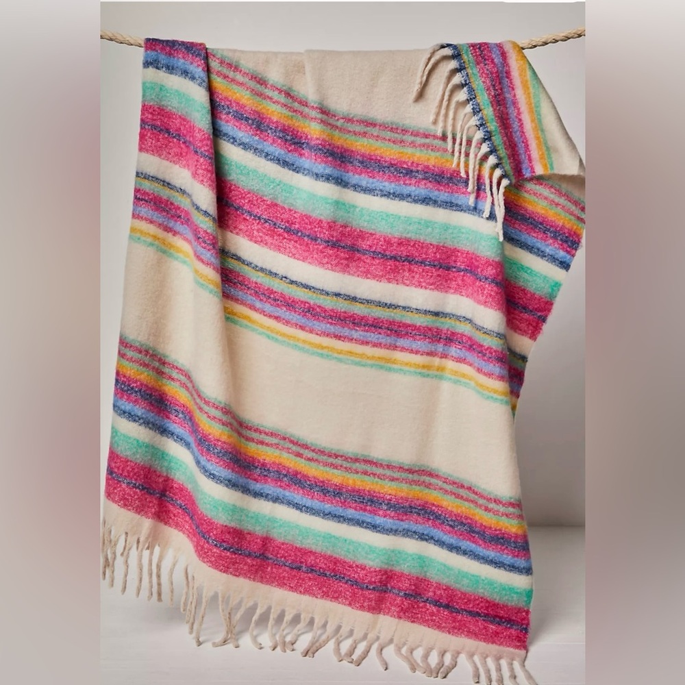 Free People Striped Fringe Blanket Throw – Ivory Multi (NWT)